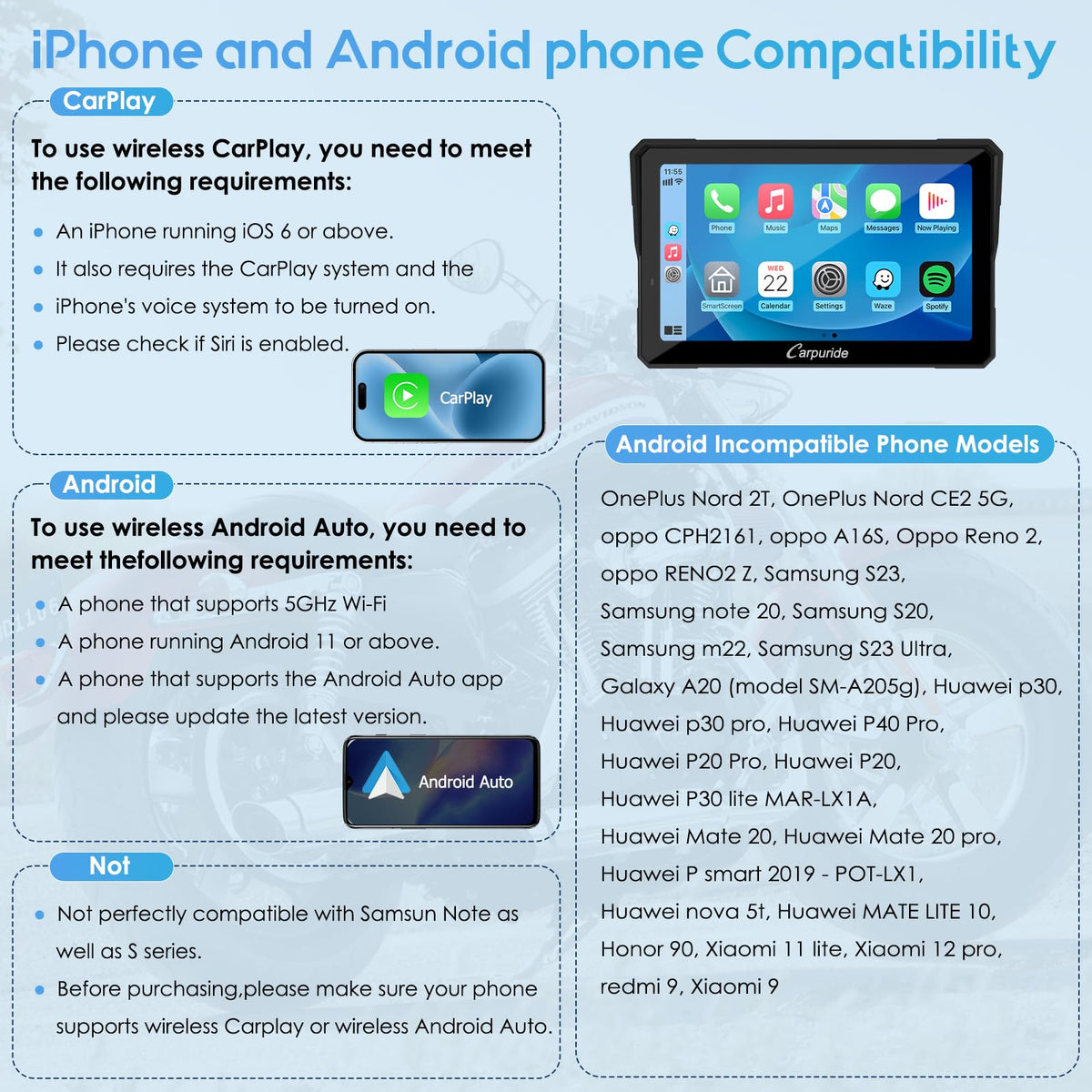 Carpuride W702PRO 7" for Motorcycle CarPlay & Android Auto Dual Bluetooth