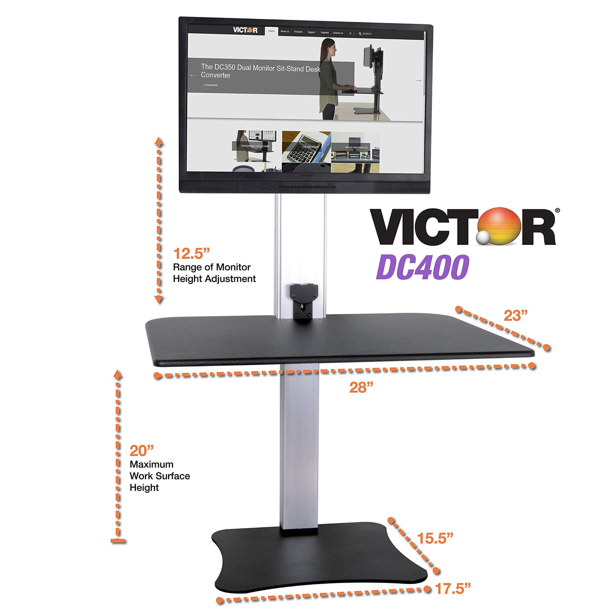 Victor High Rise Electric Sit-Stand Standing Desk Converter with Single Monitor Stand - Height Adjustable Office Desk Workstation for Home, 28" x 23" Work Surface, Black