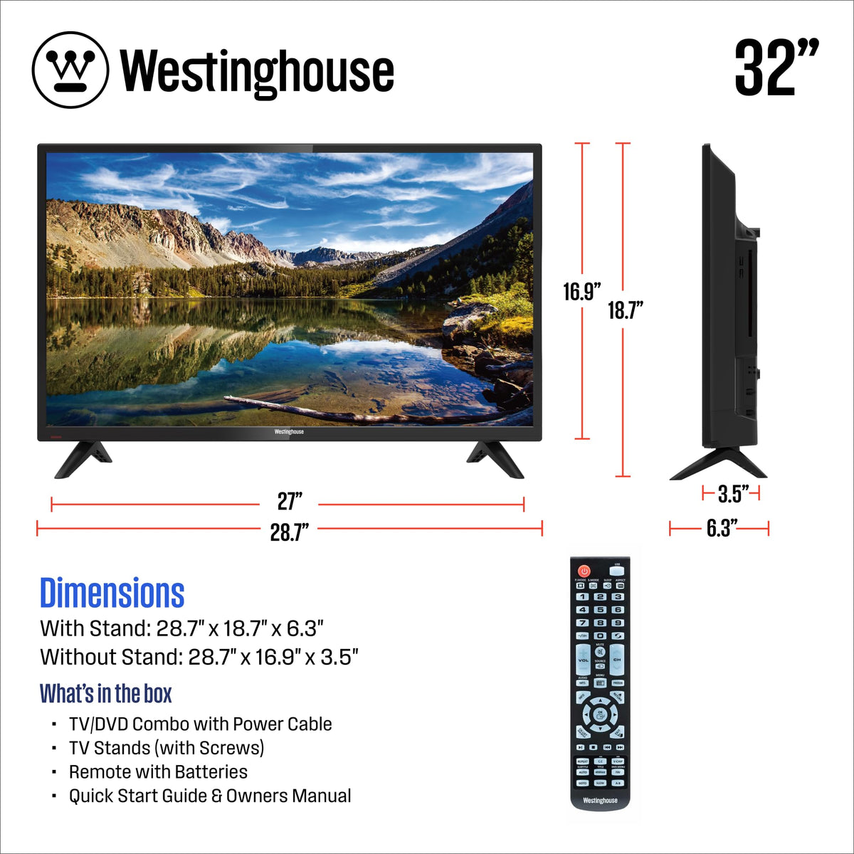 Westinghouse 32 Inch TV with DVD Player Built in, HD Small Non-Smart TV