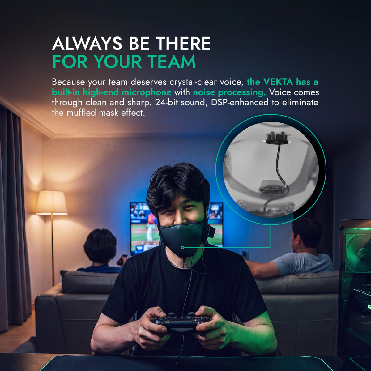 METADOX VEKTA Soundproof Gaming Mask – Up to 30 dB Sound Dampening – Clear-Voice Built-in Mic + Optional Earphones – Comfortable, Easy Breathing – USB Wired for PC/PS4/PS5/Switch/Mobile (S/M)