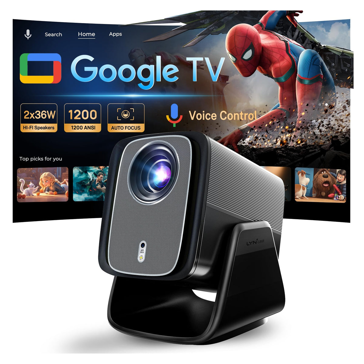 1200 ANSI Google TV-Licensed Projector, 4K/8K Input Support, Dual 36W Dolby