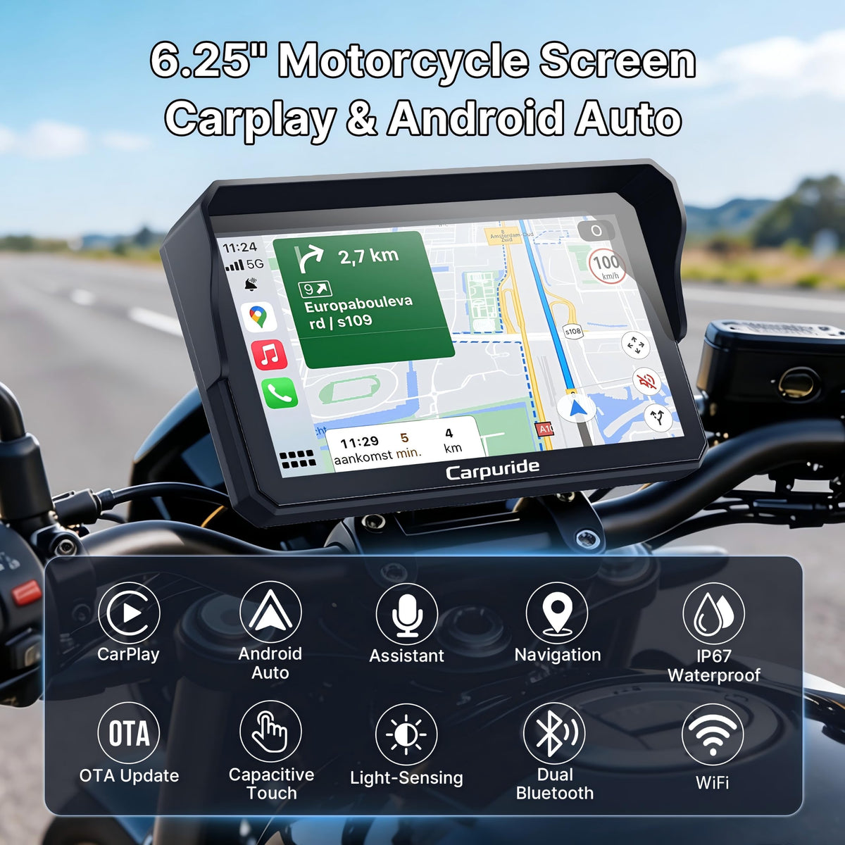 Carpuride W602 6.25" Motorcycle CarPlay Android Auto Screen GPS Navigation