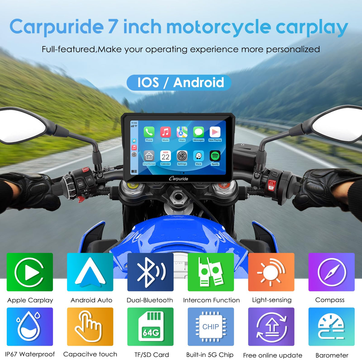 Carpuride W702PRO 7" for Motorcycle CarPlay & Android Auto Dual Bluetooth