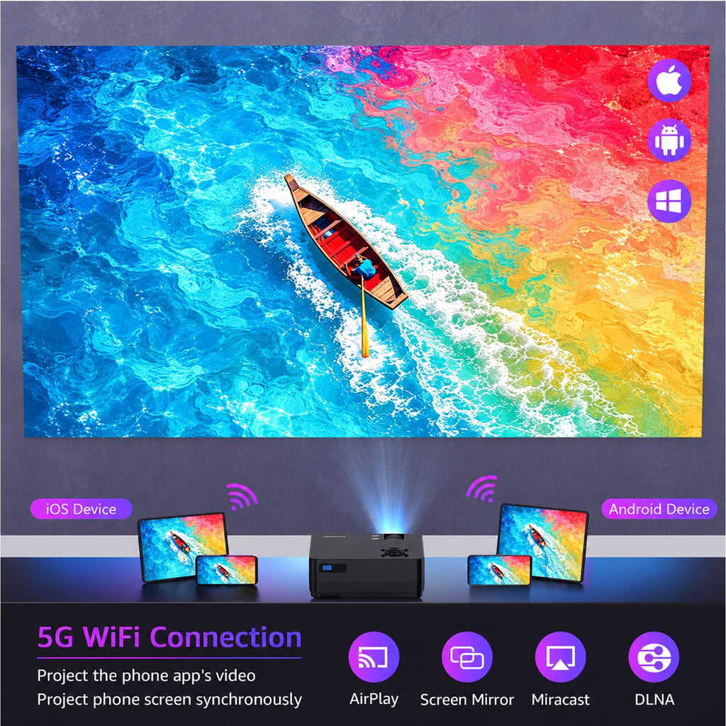 Projector with 5G WiFi and Bluetooth, Native 1080P Projector[Projector Screen Included], Full HD Movie Projector, 100" Display Home Theater, Compatible with Phone/Laptop/TV Stick