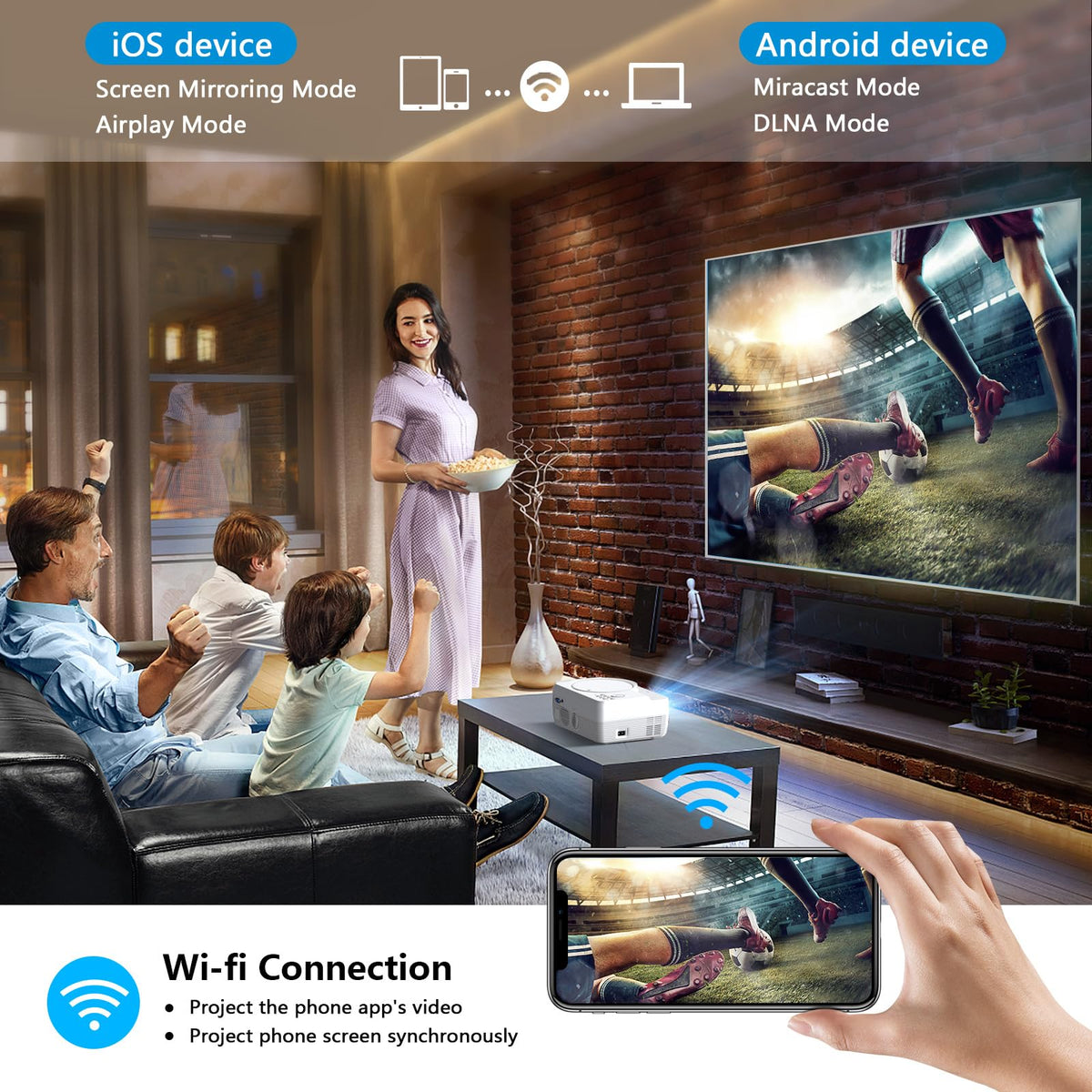 Full HD WiFi Bluetooth Projector Built in DVD Player, Native 1080P Supported, Portable Mini DVD Projector for Outdoor Movies, 250" Home Theater, Compatible with iOS/Android/TV Stick/PS4/HDMI/USB/TF