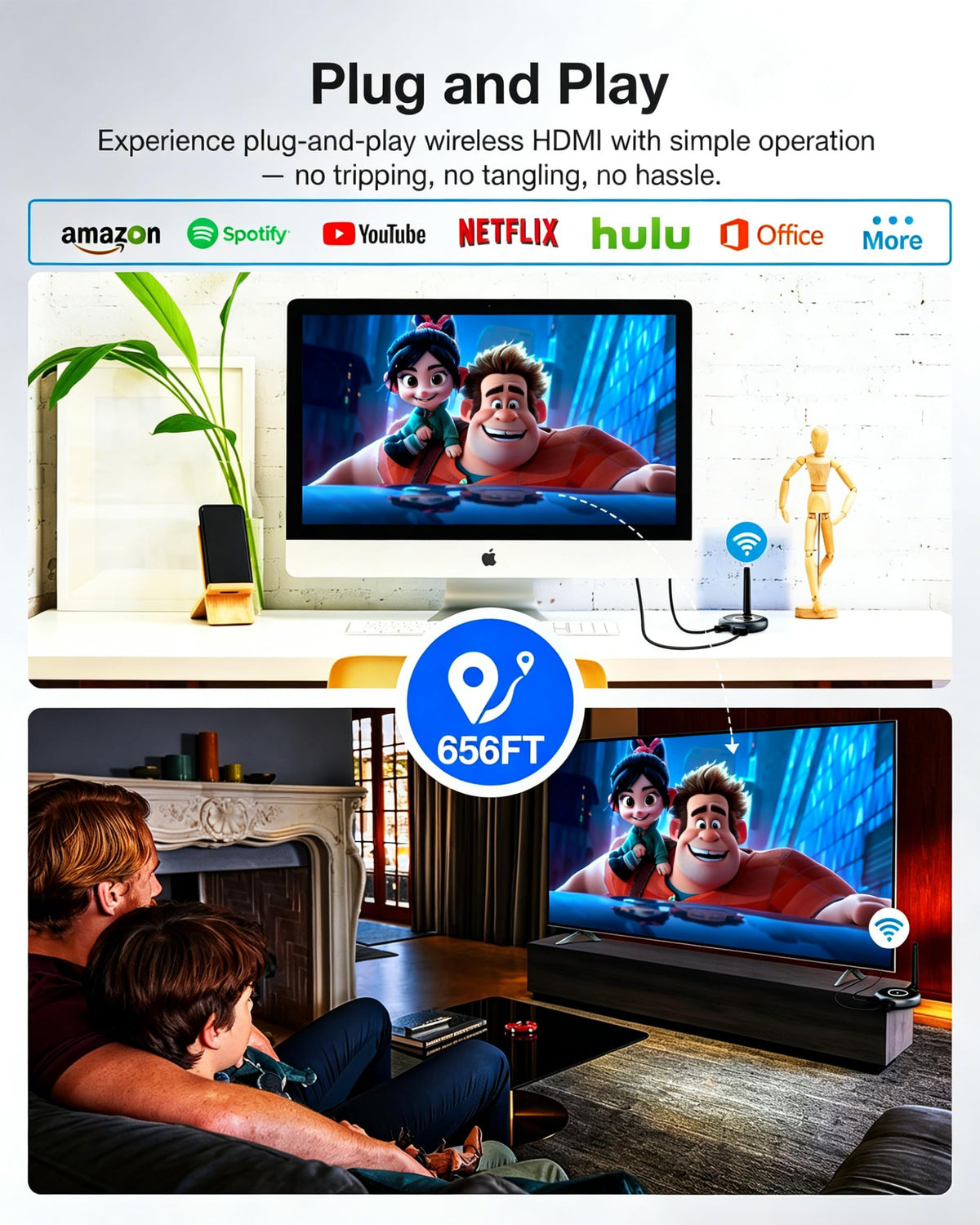 Wireless HDMI Transmitter and 4 Receivers, Plug & Play 5.8G HDMI Extender, 4K Video & Audio Casting from Laptop/Camera/TV Box to Projector/Monitor/TV, Supports 8 Receivers Max, 656FT(200M)