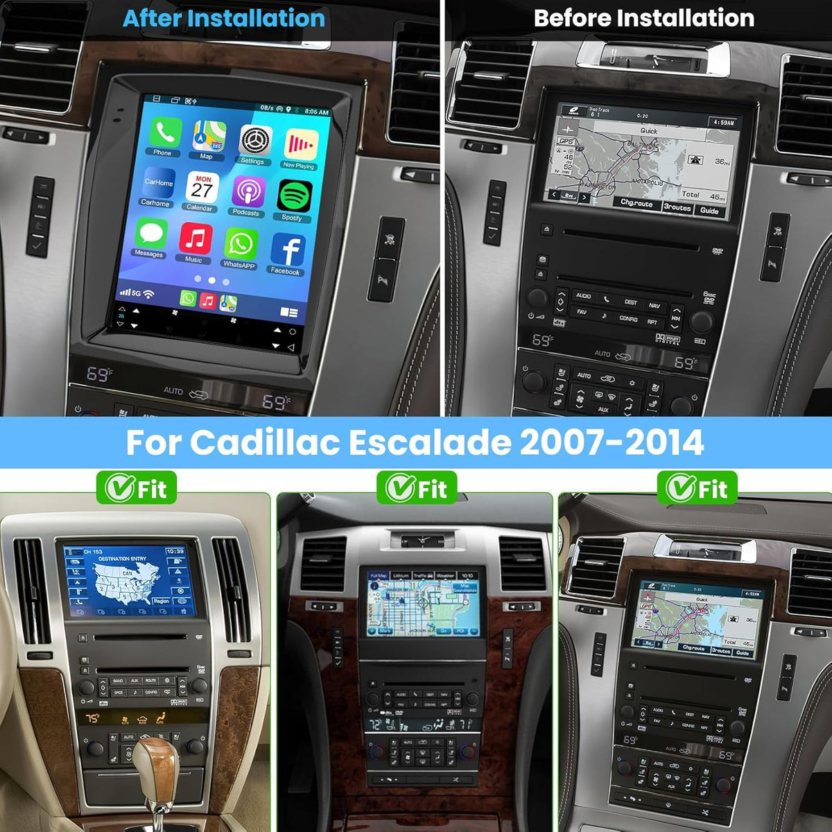4G+128G 9.7" Touch Screen Car Radio for Cadillac Escalade 2007 2008 2009 2010 2011 2012 2013 2014 Stereo with Wireless Carplay Android Auto WiFi GPS Navigation, FM/RDS Radio, Bluetooth,Backup Camera