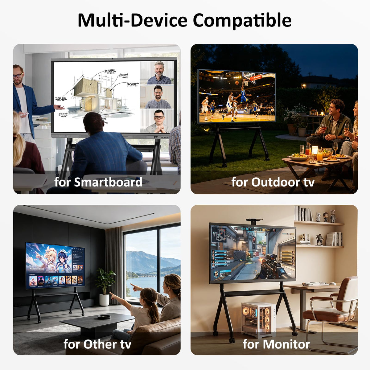 Smart Board Stand, Adjustable Rolling TV Stand, Max Load 220LBS