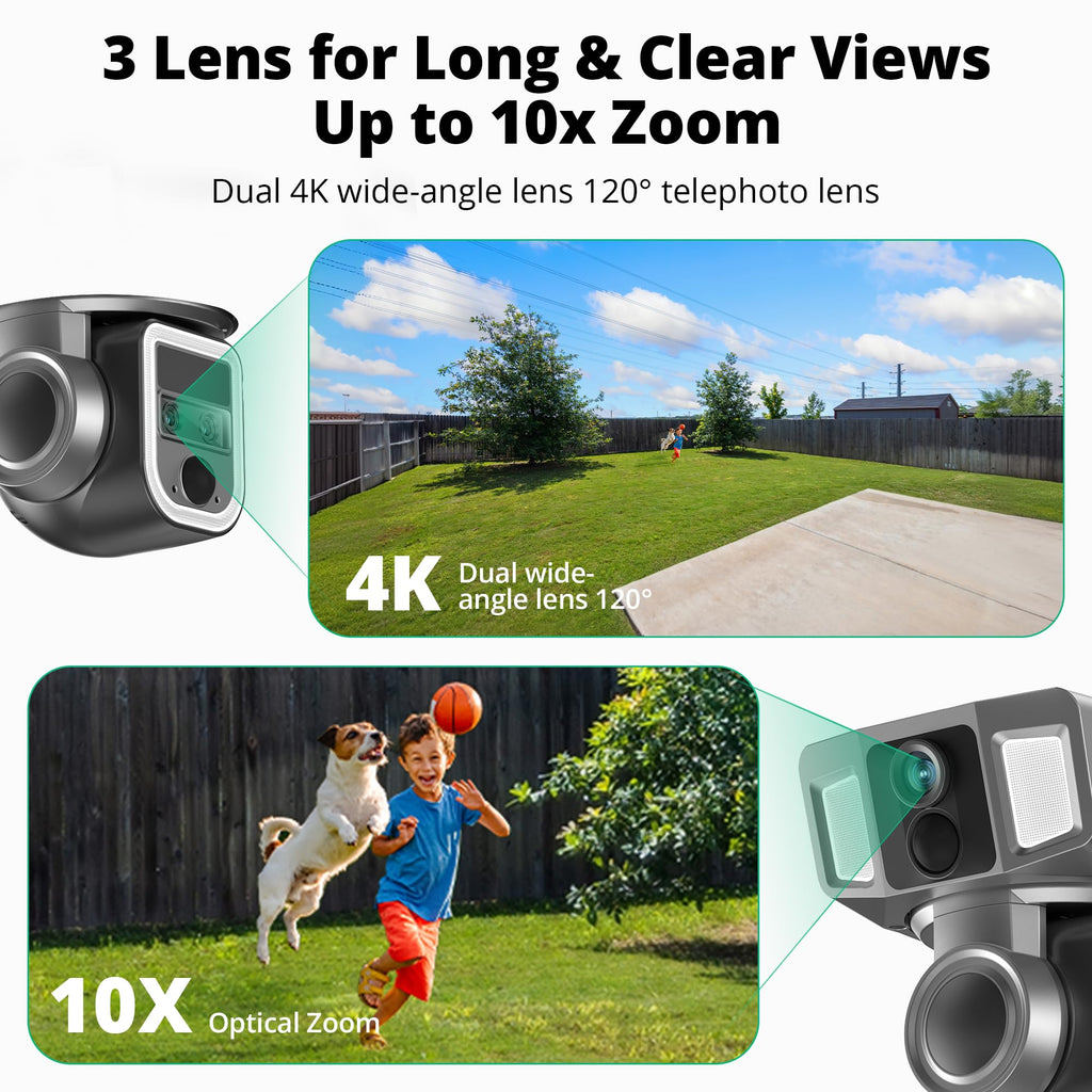 Dragon Touch 4G LTE Cellular Security Camera Outdoor, 4K Wireless Solar Bullet-PTZ Cam, 3 Lens, 10x Optical Zoom, 4G or WiFi 2 Mode, 360° PTZ AI Tracking, SIM Card and 64GB SD Card Included