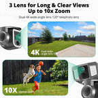 Dragon Touch 4G LTE Cellular Security Camera Outdoor, 4K Wireless Solar Bullet-PTZ Cam, 3 Lens, 10x Optical Zoom, 4G or WiFi 2 Mode, 360° PTZ AI Tracking, SIM Card and 64GB SD Card Included
