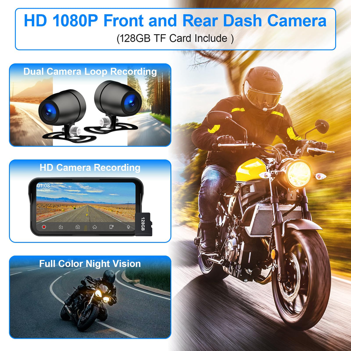 6.25" Motorcycle Carplay with HD Waterproof Touchscreen, Android Auto, TPMS, GPS Navigation System, Dash Cam, Remote Control, Loop Recording, Support Siri, Bluetooth, Inclued 128G SD Card