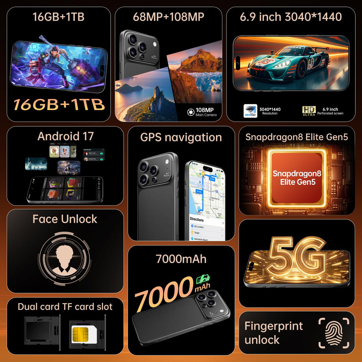 Huness 18 PM 16+1TB 7000mAh Battery 5G Unlocked Cell Phone (Black)