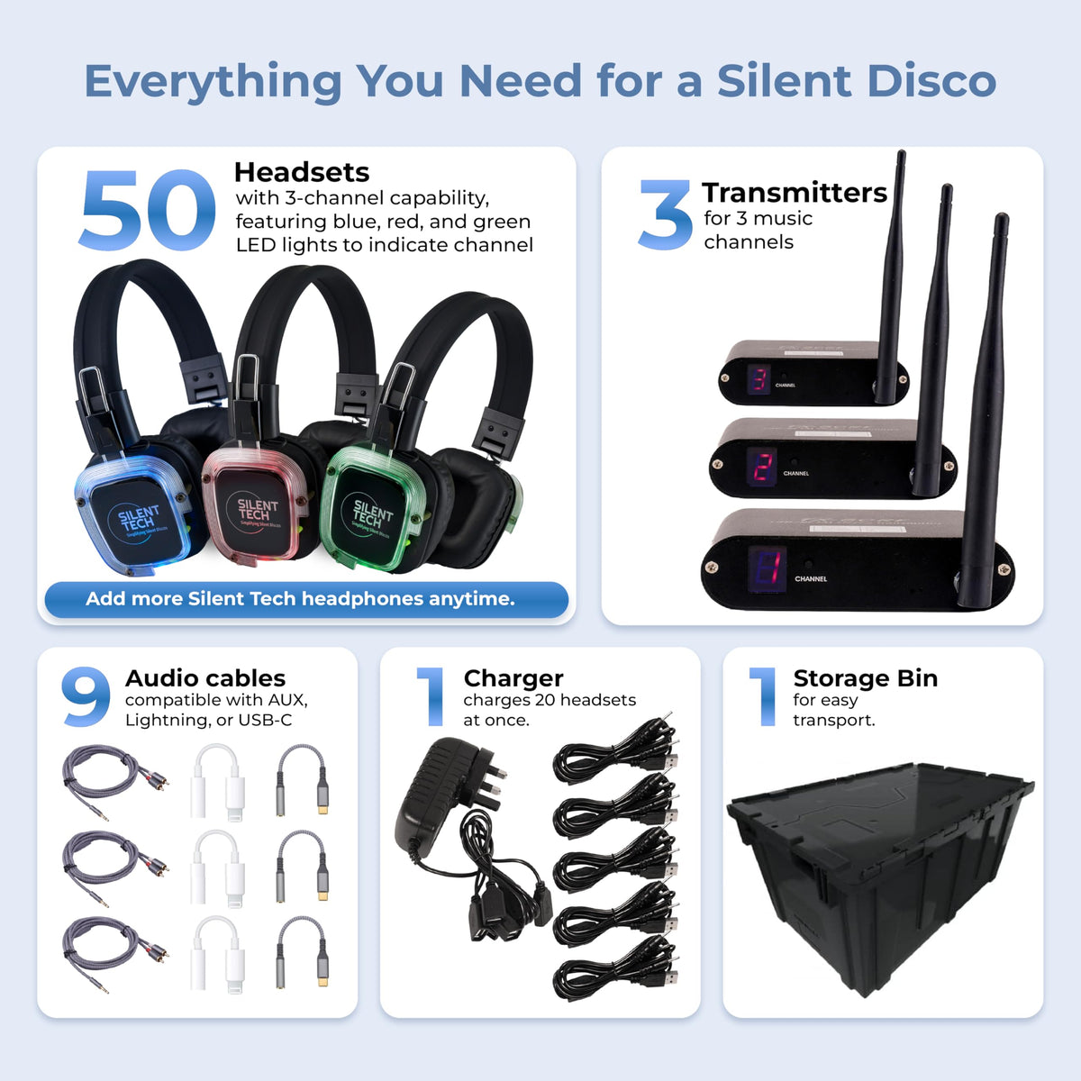 Silent Disco in a Box – 50 LED Wireless Headphones, 3 Channel Transmitters, Plug & Play Silent Disco Headphone System for Parties, Events & DJs, 10hr Battery, 500-Yard Range, Easy Setup