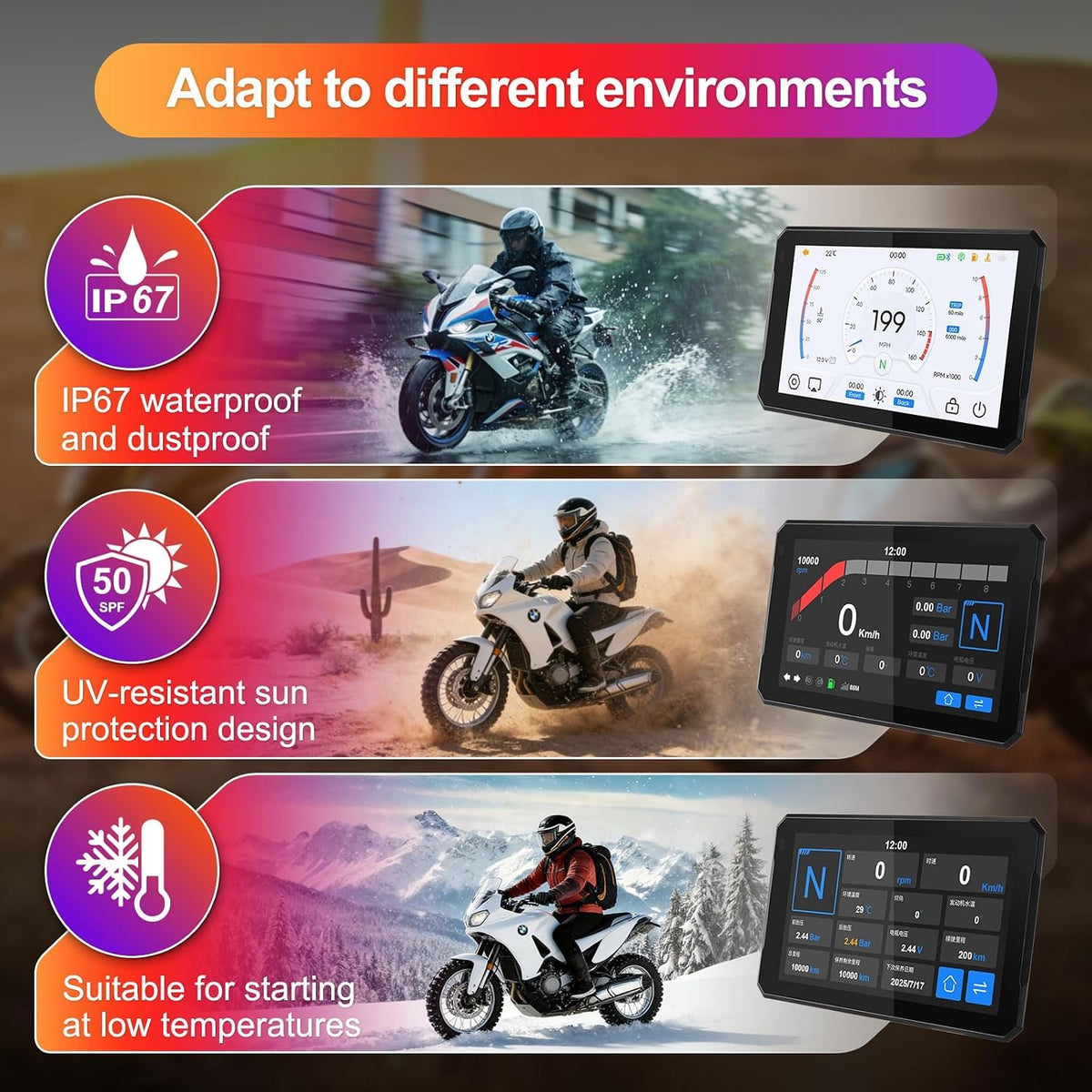 Motorcycle GPS CarPlay for BMW with Waterproof Touchscreen, 7" Portable Moto Radio Carplay/Android Auto， GPS Navigation for Motorbike, Dual Bluetooth, Native Wonder Wheel Control, Data Reading, TPMS