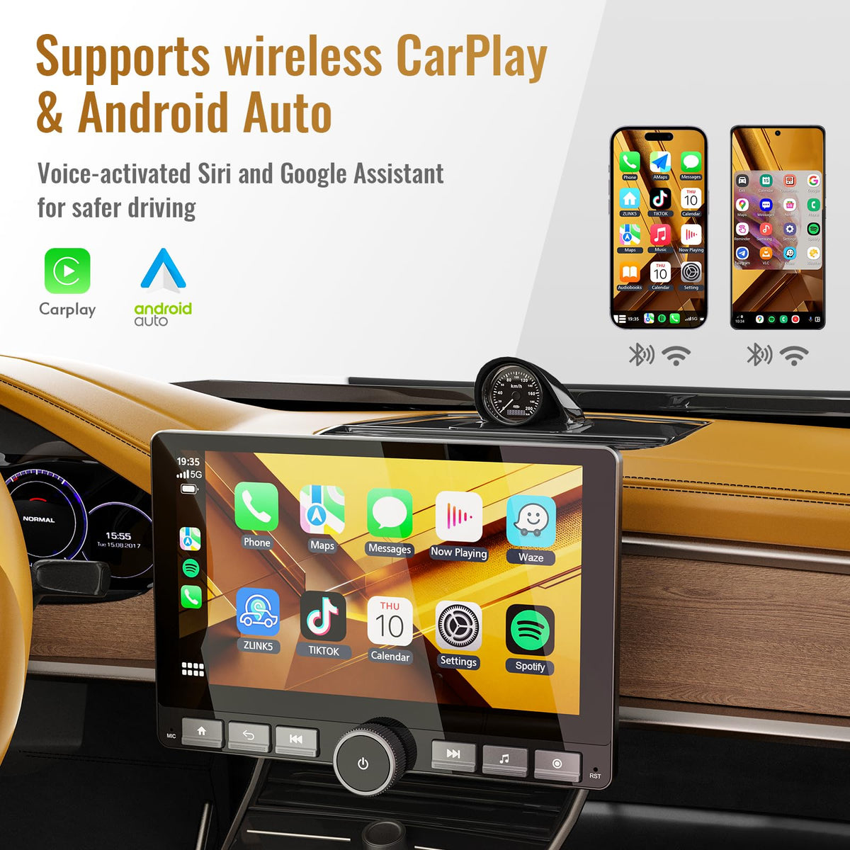 Haudio Single DIN Radio, 10.1 Inch Rotatable Touchscreen Car Stereo, Android 13, Wireless Apple CarPlay & Android Auto, Volume Knob, Physical Buttons, 2GB+64GB, DSP, GPS, WiFi, 720P Backup Camera