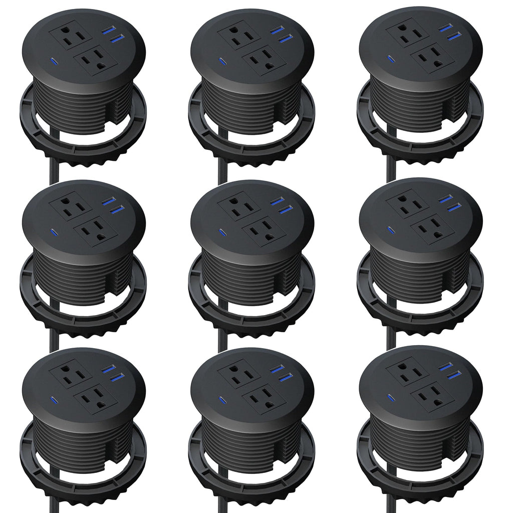 9-Pack 3-inch Desktop Power Grommet,PD20W USB-C,6.5ft Cord,Black