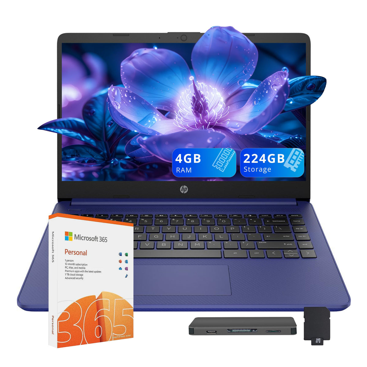 HP Stream 14" HD Laptop for Business, Intel Celeron N4120, 4GB RAM, 224GB Storage (64GB eMMC + 160GB Docking Station Set), Intel UHD Graphics, HD Camera, WiFi, 1 Year Office 365, Win 11, Blue