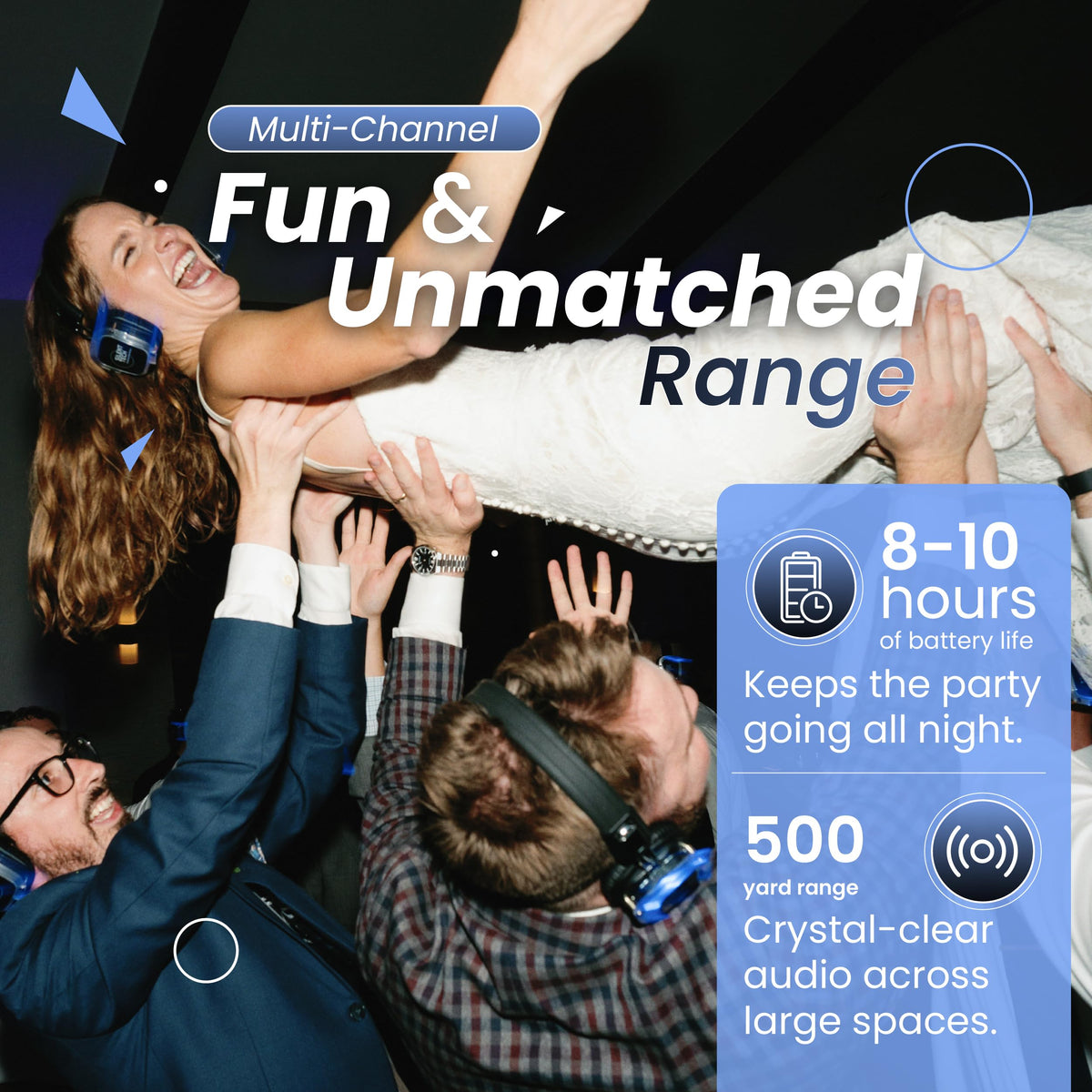 Silent Disco in a Box – 50 LED Wireless Headphones, 3 Channel Transmitters, Plug & Play Silent Disco Headphone System for Parties, Events & DJs, 10hr Battery, 500-Yard Range, Easy Setup