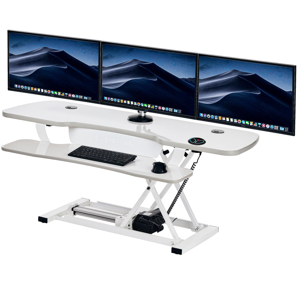 PowerPro 40 Inch Electric Standing Desk Converter – Push-Button Height Adjustable Sit to Stand Desk Riser for Triple Monitors & Laptop – Motorized Desktop Workstation with Wide Keyboard Tray