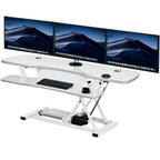 PowerPro 40 Inch Electric Standing Desk Converter – Push-Button Height Adjustable Sit to Stand Desk Riser for Triple Monitors & Laptop – Motorized Desktop Workstation with Wide Keyboard Tray