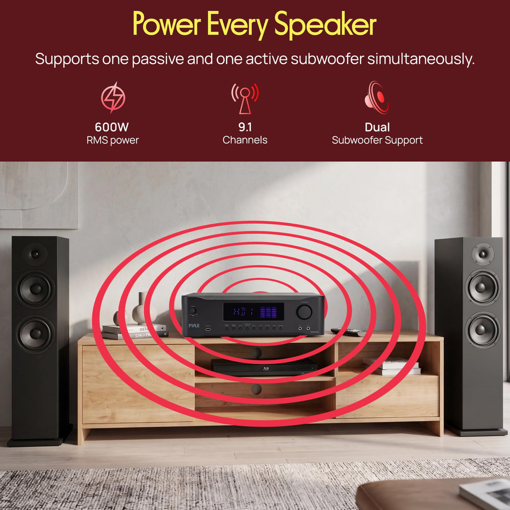 Pyle 9.1 Channel AV Receiver | 3000 Watts Peak Power, Audio Amplifier with Subwoofer Output, HD 2.1, Bluetooth Streaming | Surround Sound System for TV with Center 2, Extra Surrounds