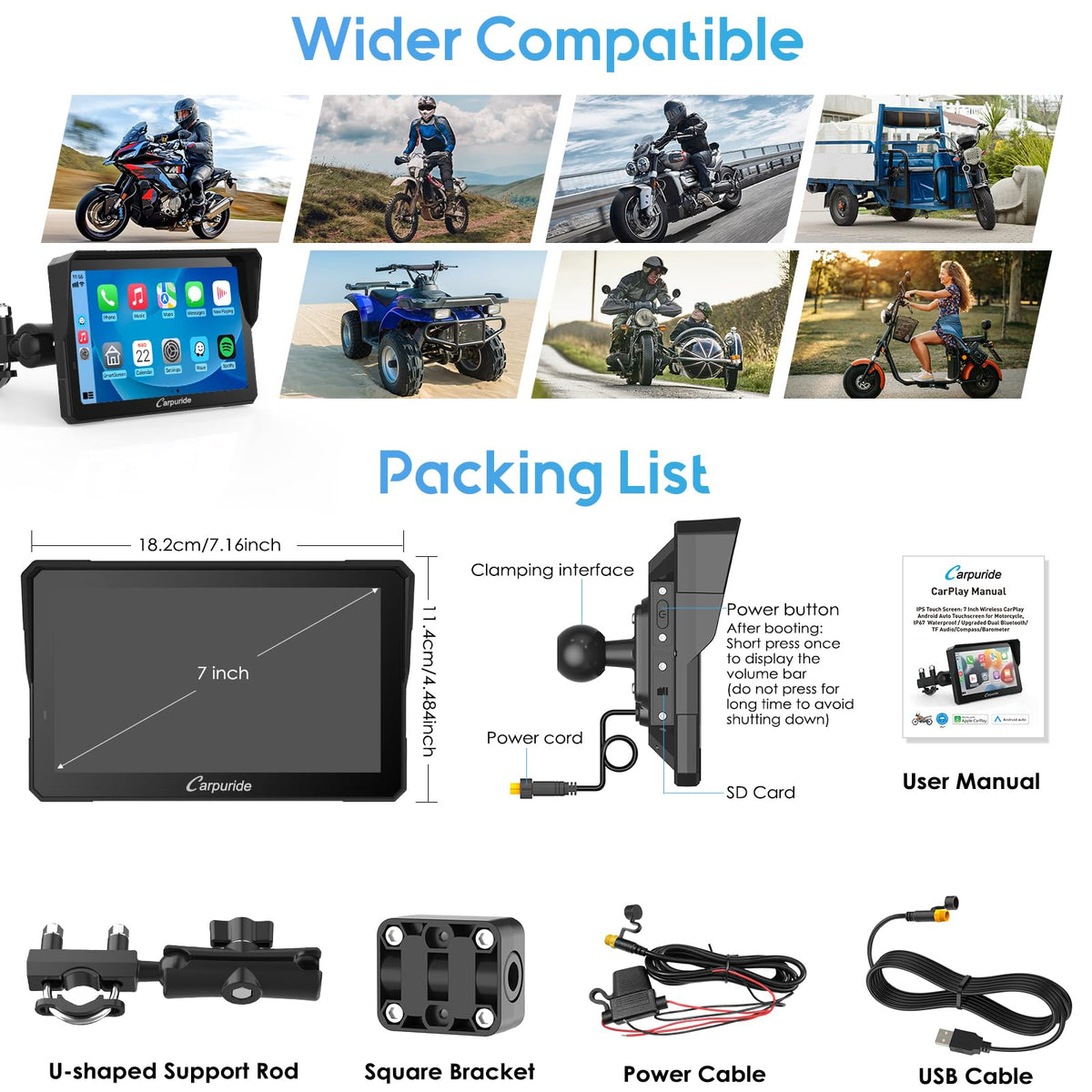 Carpuride W702PRO 7" for Motorcycle CarPlay & Android Auto Dual Bluetooth
