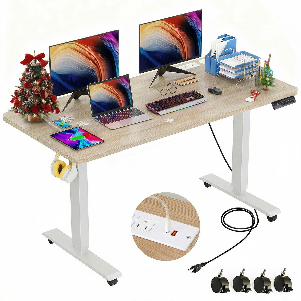 farexon 48 x 24 inch Standing Desk Electric Adjustable Height with Power Outlets, Stand up Desk with Wheels, Preset Heights Home Office Gaming Computer Workstations Table（Oak