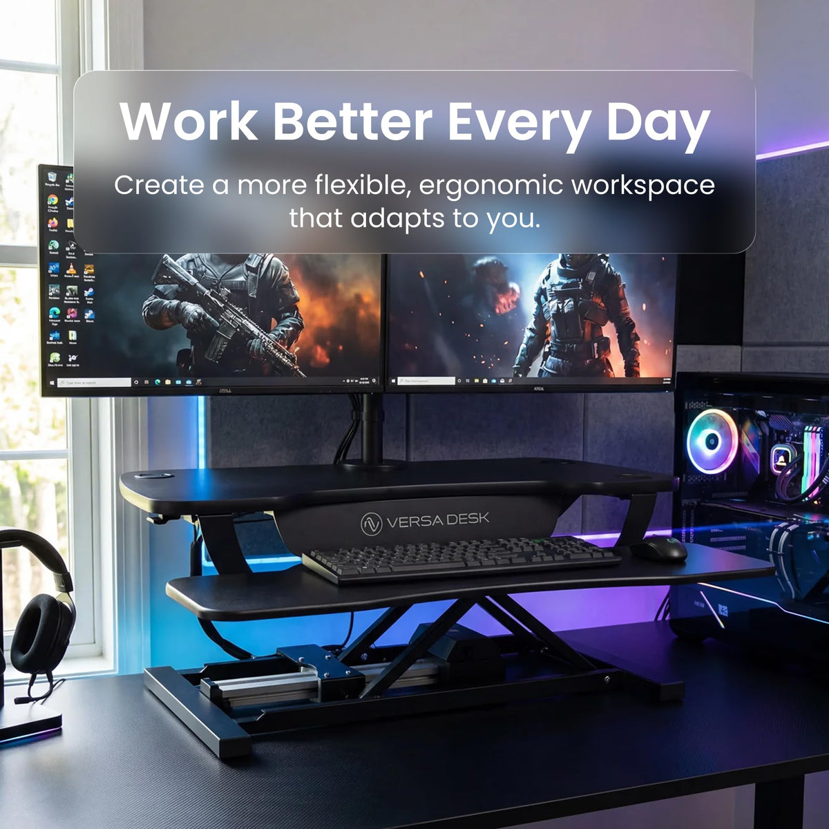 PowerPro 40 Inch Electric Standing Desk Converter – Push-Button Height Adjustable Sit to Stand Desk Riser for Triple Monitors & Laptop – Motorized Desktop Workstation with Wide Keyboard Tray