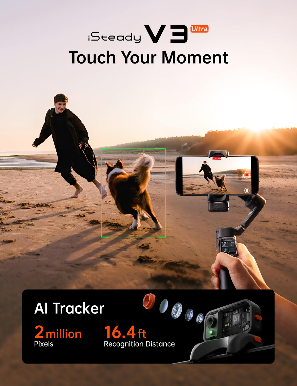 Hohem iSteady V3 Ultra Gimbal Stabilizer for Smartphone, AI Tracking Phone Gimbal, 1.22" Touchscreen Detachable Remote Control, Built-in Extension Rod & Tripod, 360° Infinite Pan, Vlog Filming, Black