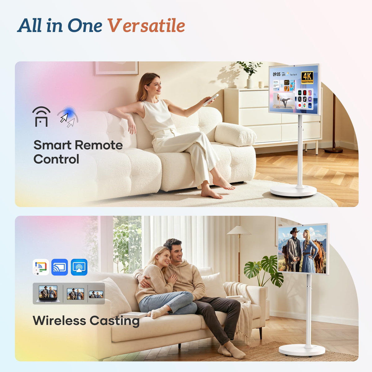 Bisprico 32" Portable Smart TV on Wheels, Qualcomm CPU, EDLA-Certified, Built-in 22000mAh Battery, 16+128GB, Android 14 OS Rolling Tablet TV, Full Swivel Rotation, Remote Control, 13MP Webcam