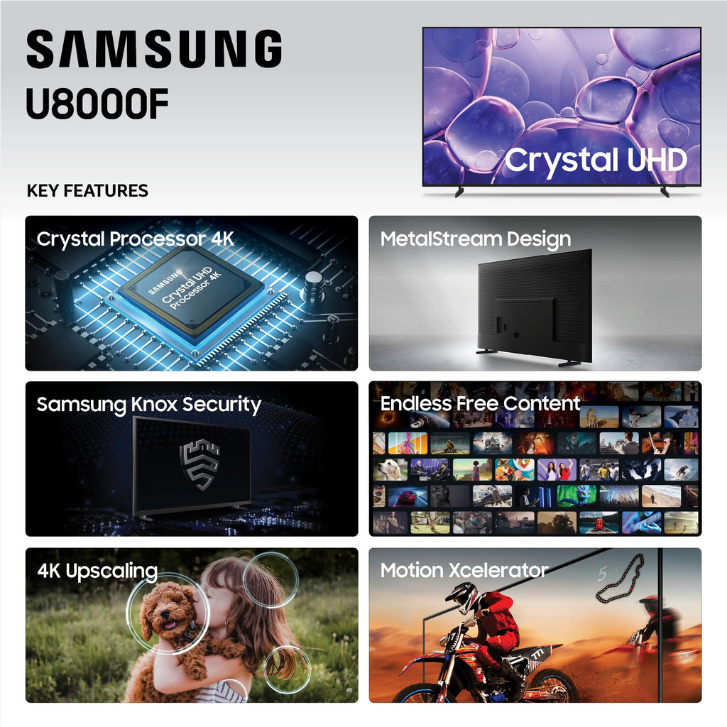 Samsung 43-Inch Class Crystal UHD U8000F 4K Smart TV (2025 Model) Endless Free Content, Processor, MetalStream Design, Knox Security, Alexa Built-in