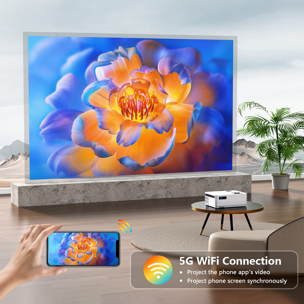 5G WiFi Bluetooth Native 1080 Projector, Full HD Movie Projector, 300" Display Support 4k Home Theater, Compatible with iOS/Android/XBox/PS4/TV Stick/HDMI/USB (White)