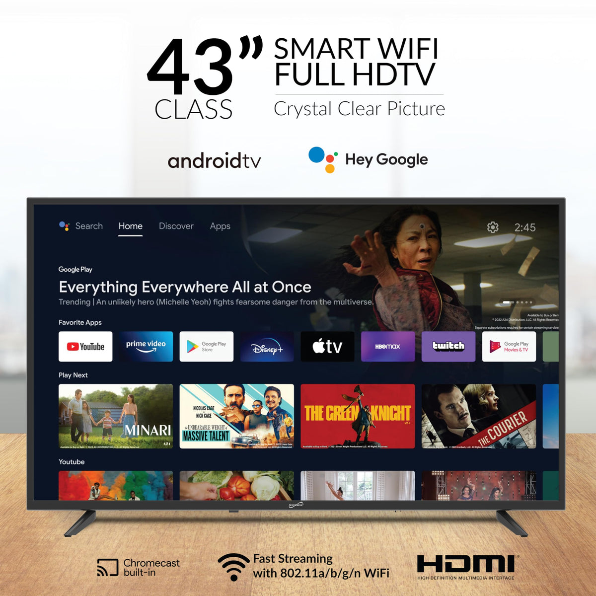 Supersonic Smart SC-4350GTV 43-inch FHD DLED TV with Google Assistant, ATSC/NTSC, HDMI, WiFi, USB Input, 1080p Resolution,16.7M Colors, 60Hz Refresh Rate, Energy-Efficient, Bluetooth, Remote Control