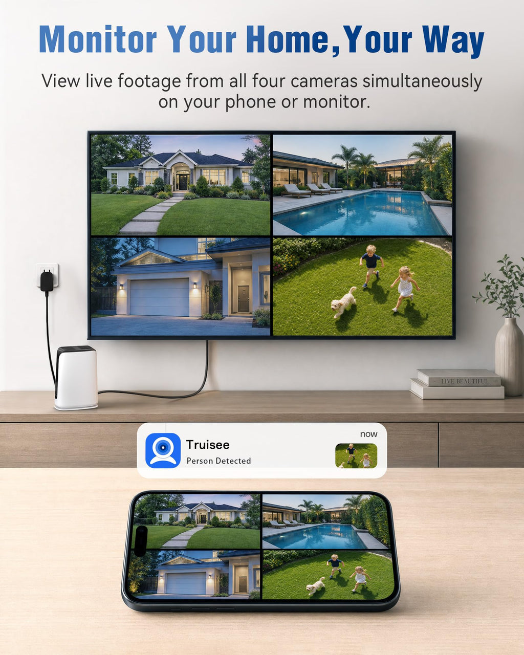5MP Solar Security Cameras Wireless Outdoor System, 500GB HDD Local Storage, No Subscription, 4-Cam Kit, Up to 10CH, Two-Way Audio, Color Night Vision, 5G/2.4GHz WiFi, TV & Monitor Viewing