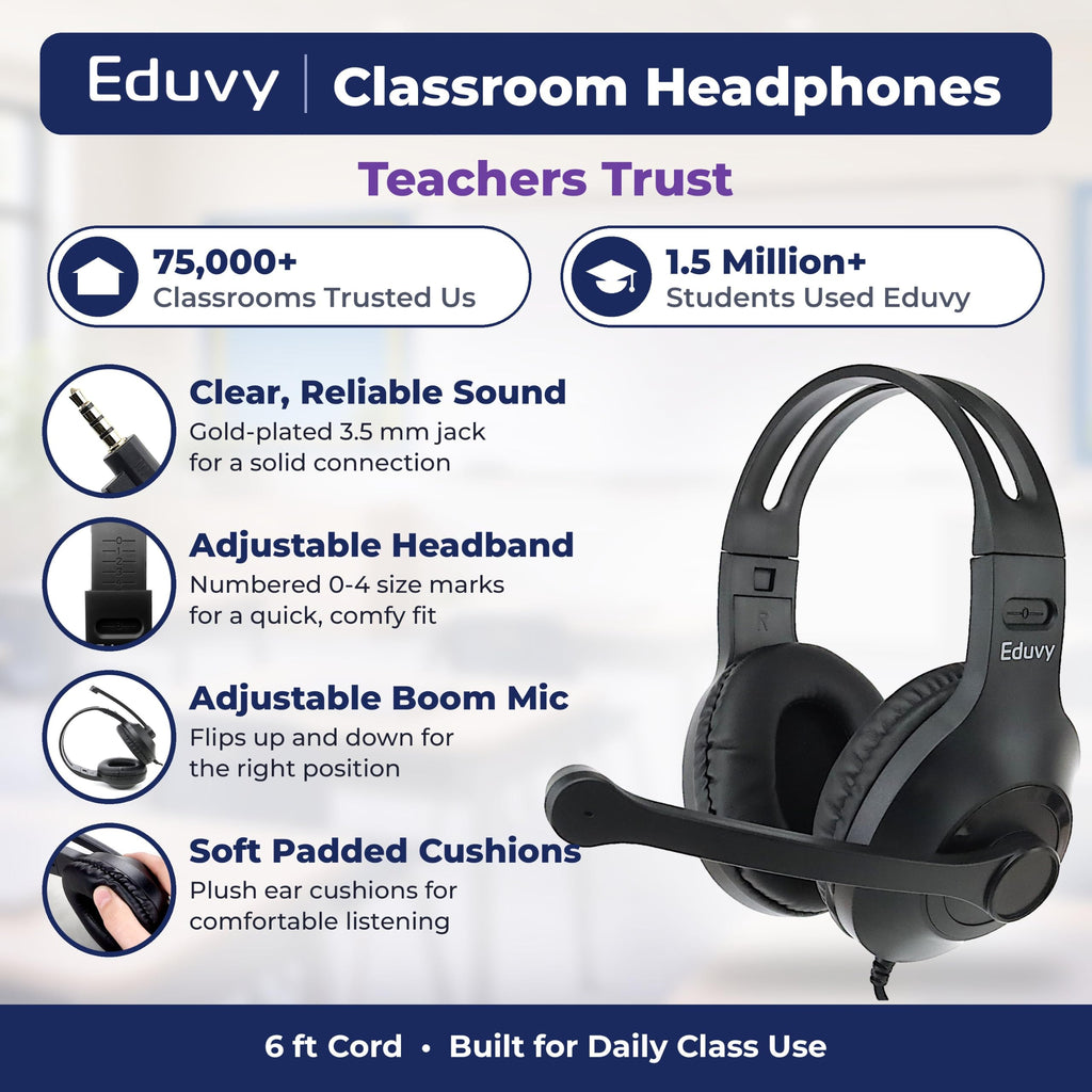 Classroom Headphones with Microphone Bulk 24-Pack, Wired Black Class Set