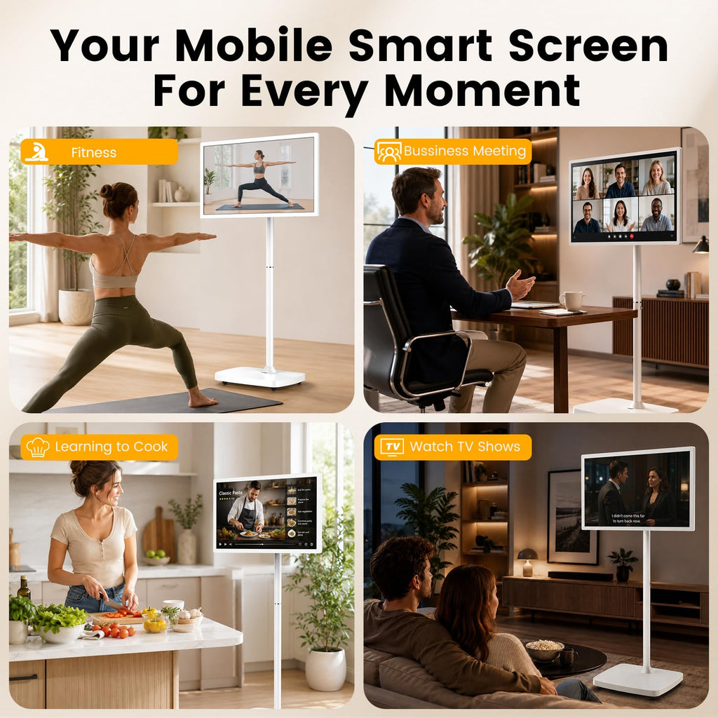 32" Portable Smart TV on Wheels, Rolling Touchscreen TV for Home, Office