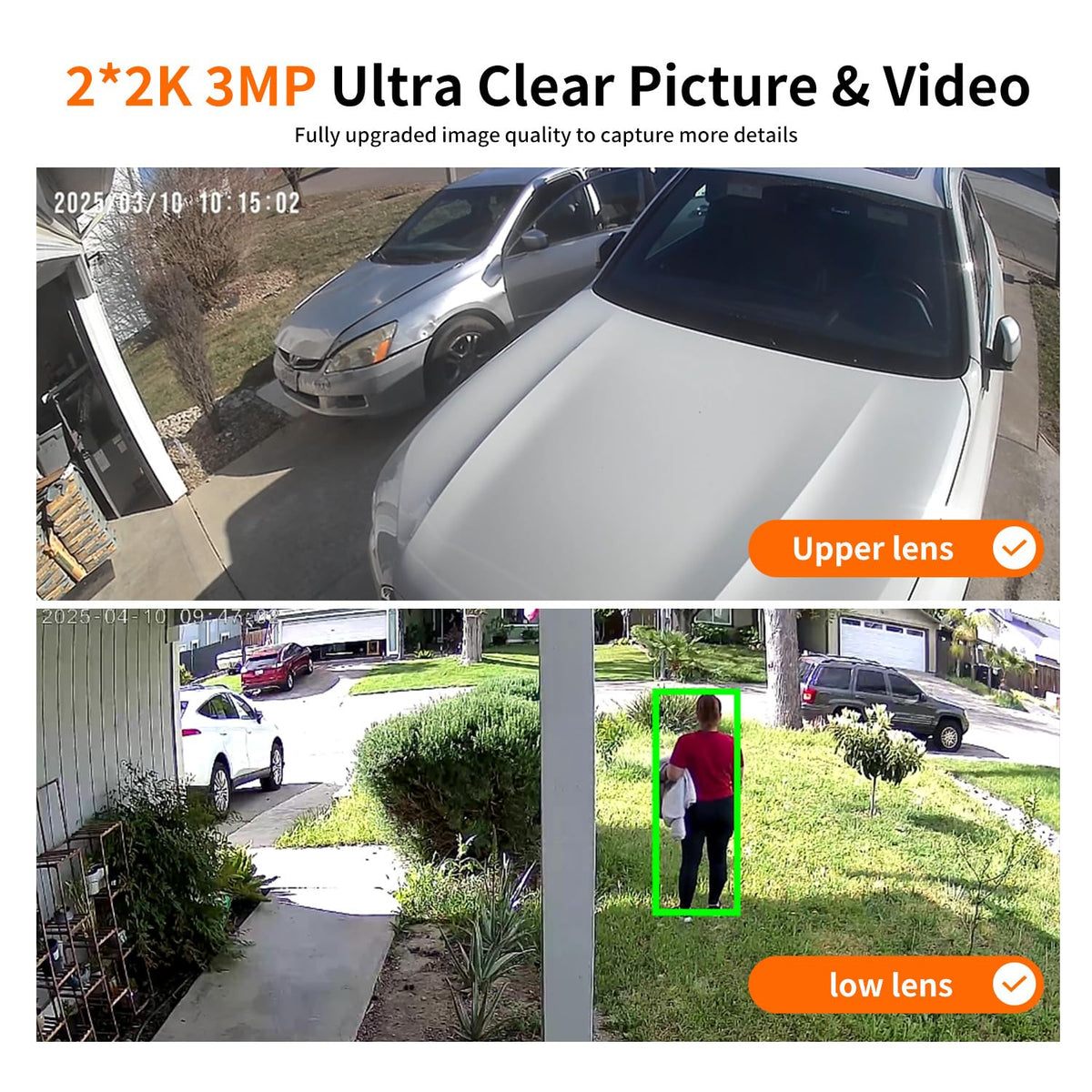 LETSCEE Dual Lens Security Cameras Wireless Outdoor，Solar Cameras for Home Security，Motion Detection,Night Vision,No Month Fee,IP65 Water Proof