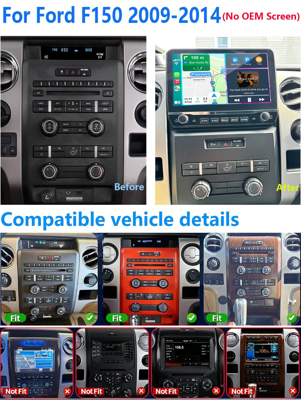 Car Radio Stereo for Ford F150 2009 2010 2011 2012 2013 2014 with Wireless Carplay Android Auto 10inch Touchscreen Navigation Bluetooth/GPS/5G WiFi/Backup Camera/SWC/Volume Knob/FM