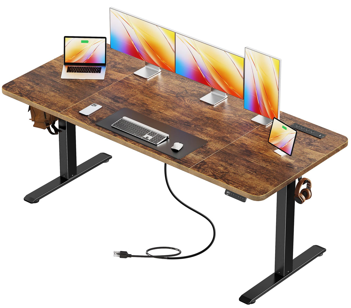 Huuger 63 X 24 Inch Electric Standing Desk with Power Outlets and USB-C Port, Height Adjustable Desk, Sit Stand Desk for Home Office, Computer & Gaming Desk with 3 Presets, Stable Steel Frame, Black