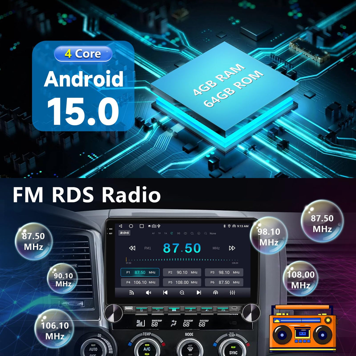 Plug&Play Car Radio for Toyota Tundra 2007-2013/Sequoia 2008-2018 Head Unit, Android 15 Syestem 10.1 Inch Tundra Stereo with Wireless Carplay&Android Auto Bluetooth/Voice Control/GPS Navigation 4G+64G