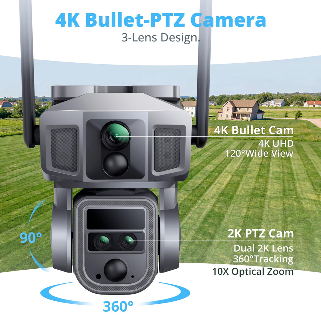 Dragon Touch 4G Cellular Security Camera, 4K Solar Camera Wireless Outdoor, 3 Lens Bullet-PTZ Cam, 360° View, 10X Optical Zoom, AI Track, Color Night Vision, 12000/9W Battery, 64GB Card Included