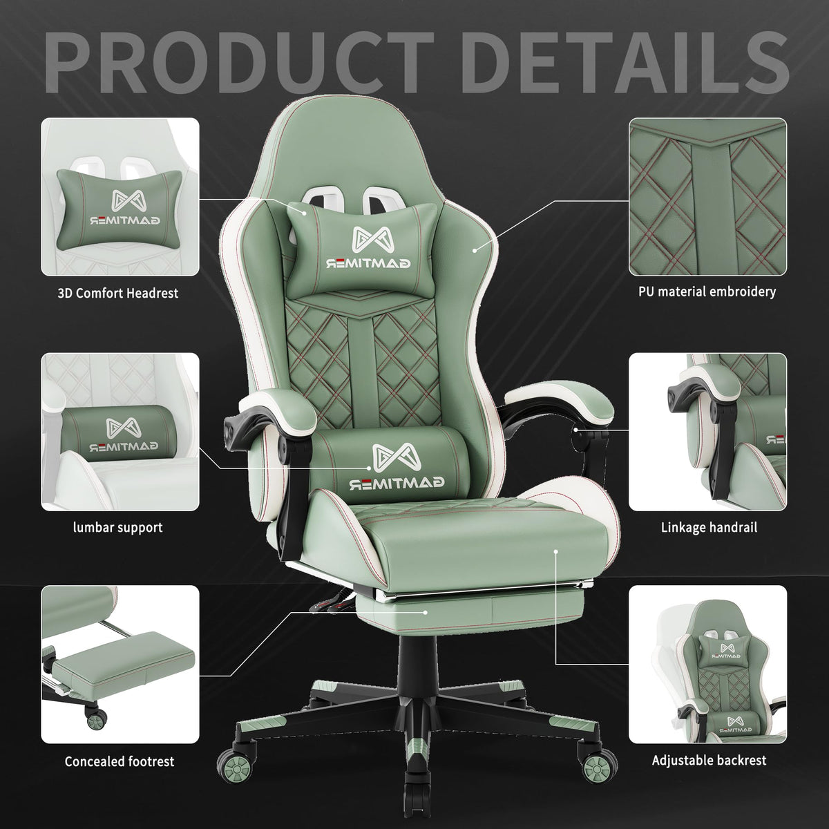 Gaming Chair, 400 lbs Adult Chair, High Back Computer Chair with Footrest and Linked Armrests, Office Video Game Chair with Lumbar Support(Green)