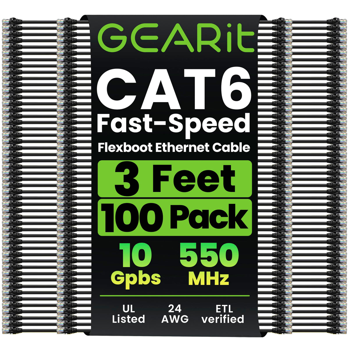 GEARit Cat6 Ethernet Patch Cable 3ft Black 100-Pack Cat 6 Patch Cords