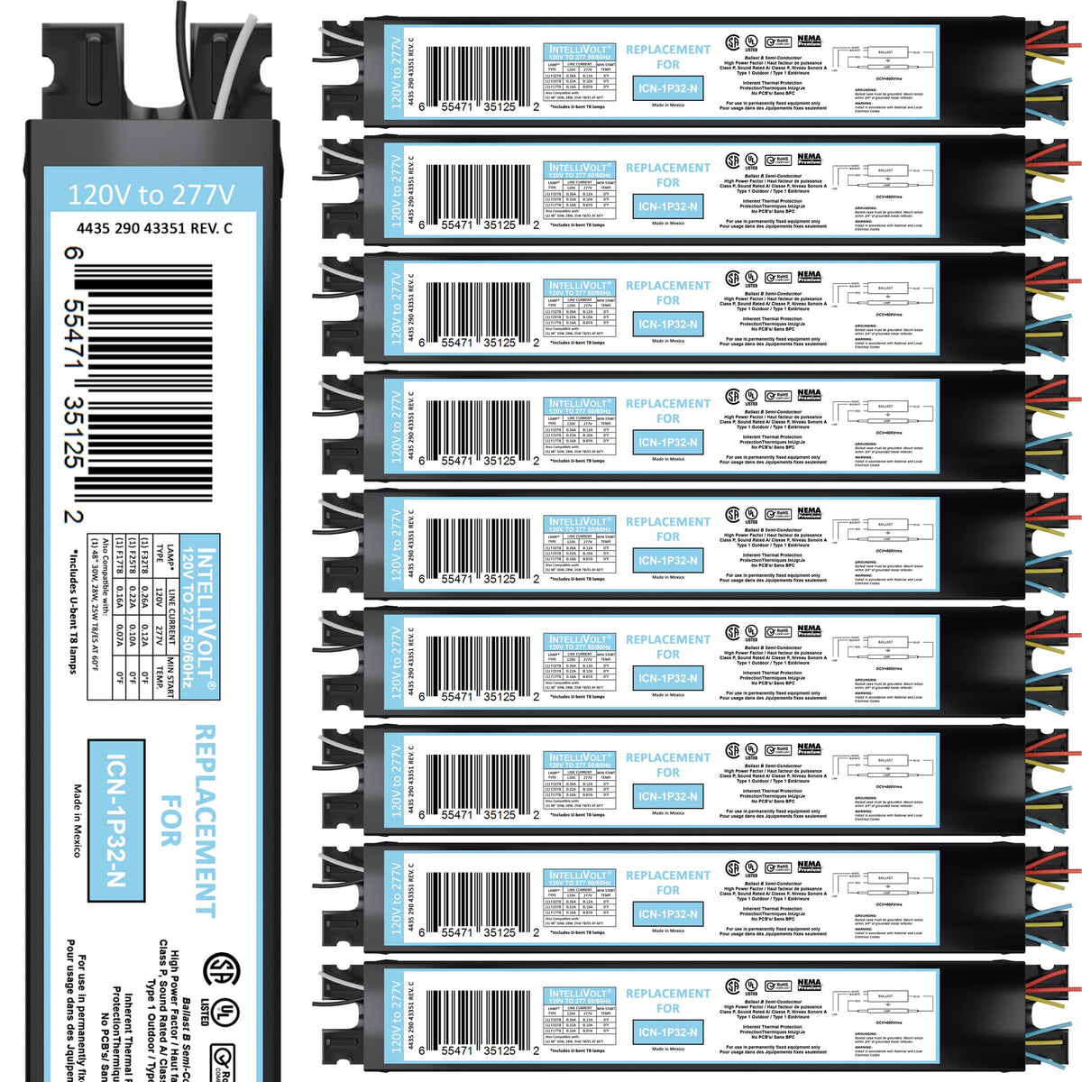 10 Pack 4 Lamp T8 Ballast, Replacement for ICN-4P32-N or SC