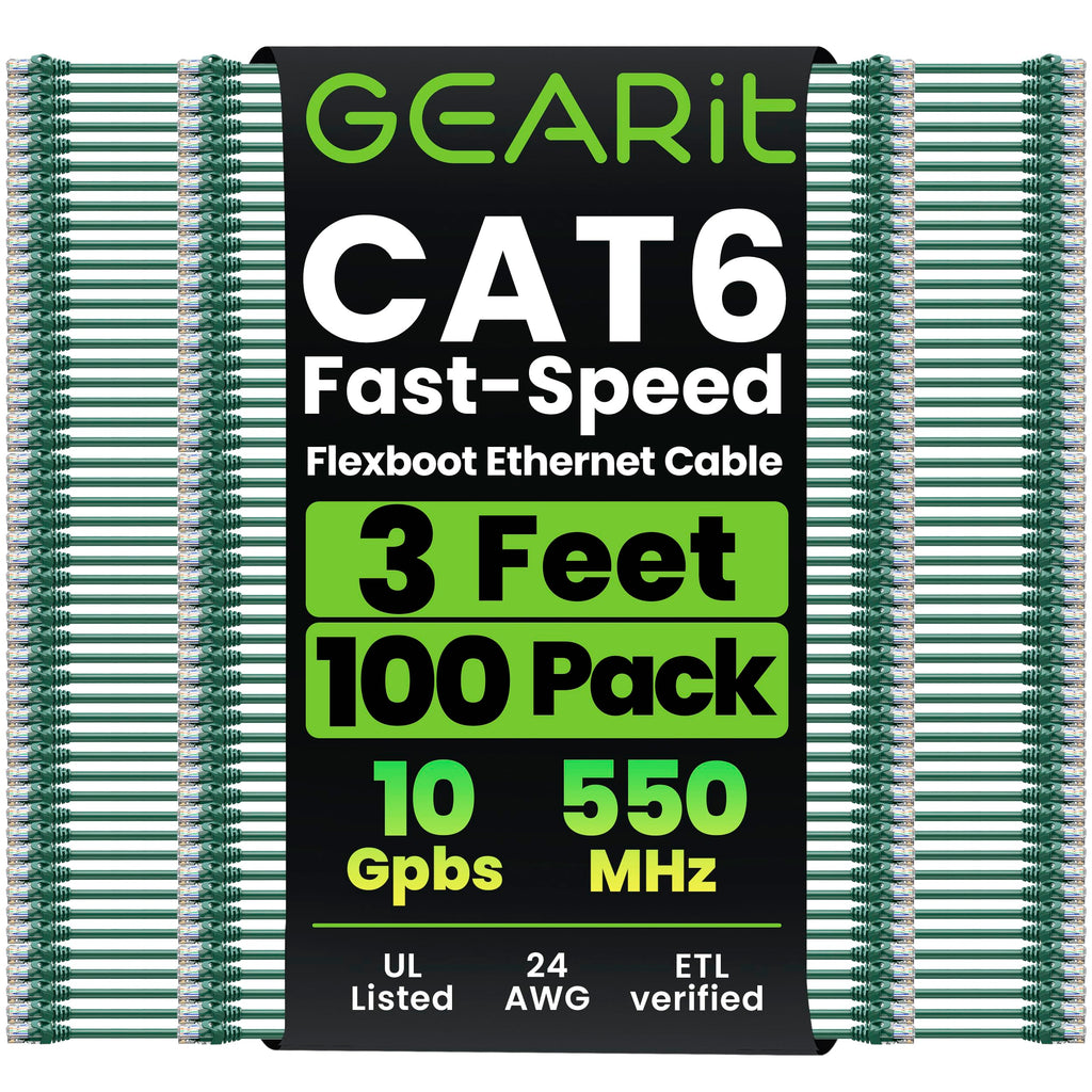 GEARit Cat6 Ethernet Patch Cable 3ft Black 100-Pack Cat 6 Patch Cords
