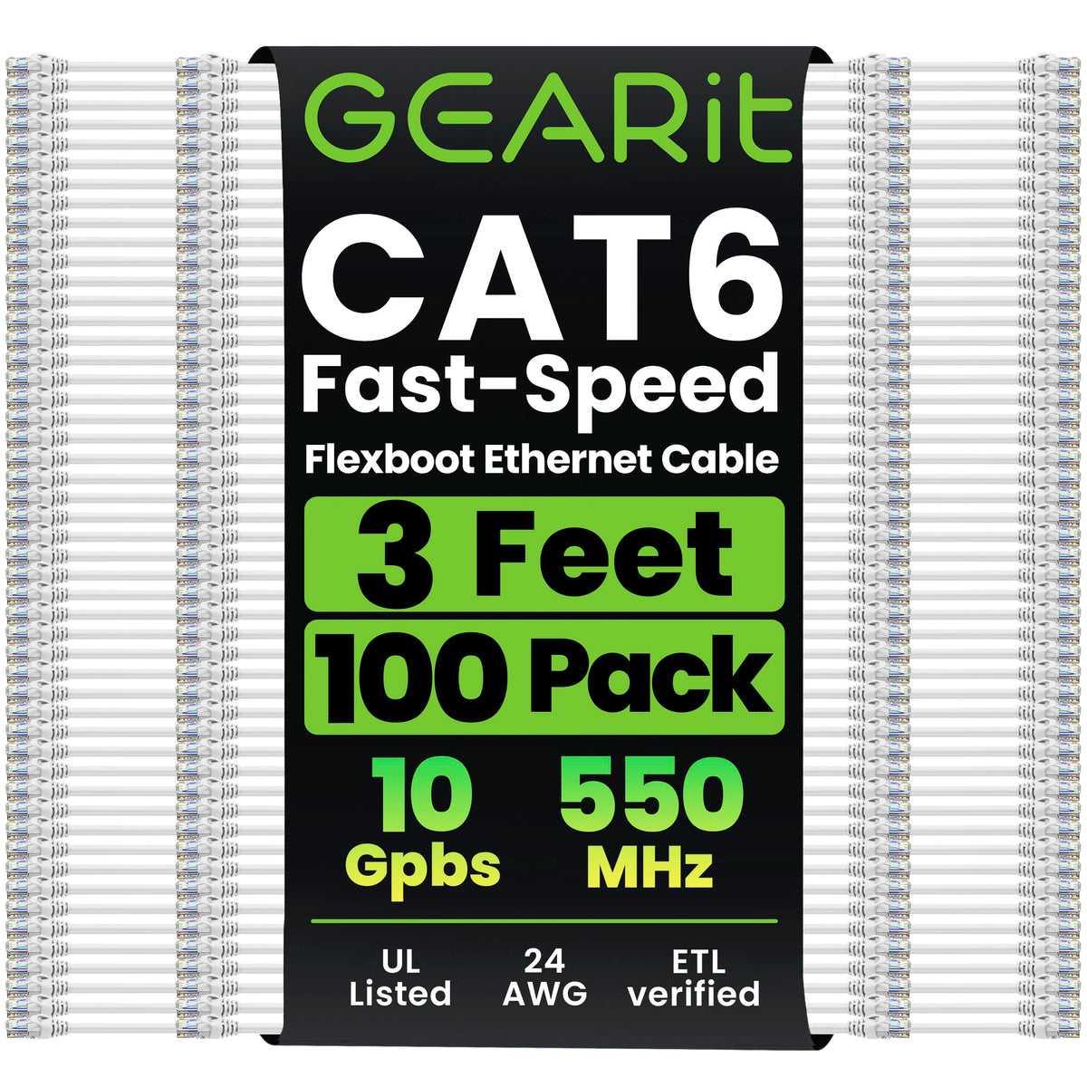GEARit Cat6 Ethernet Patch Cable 3ft Black 100-Pack Cat 6 Patch Cords