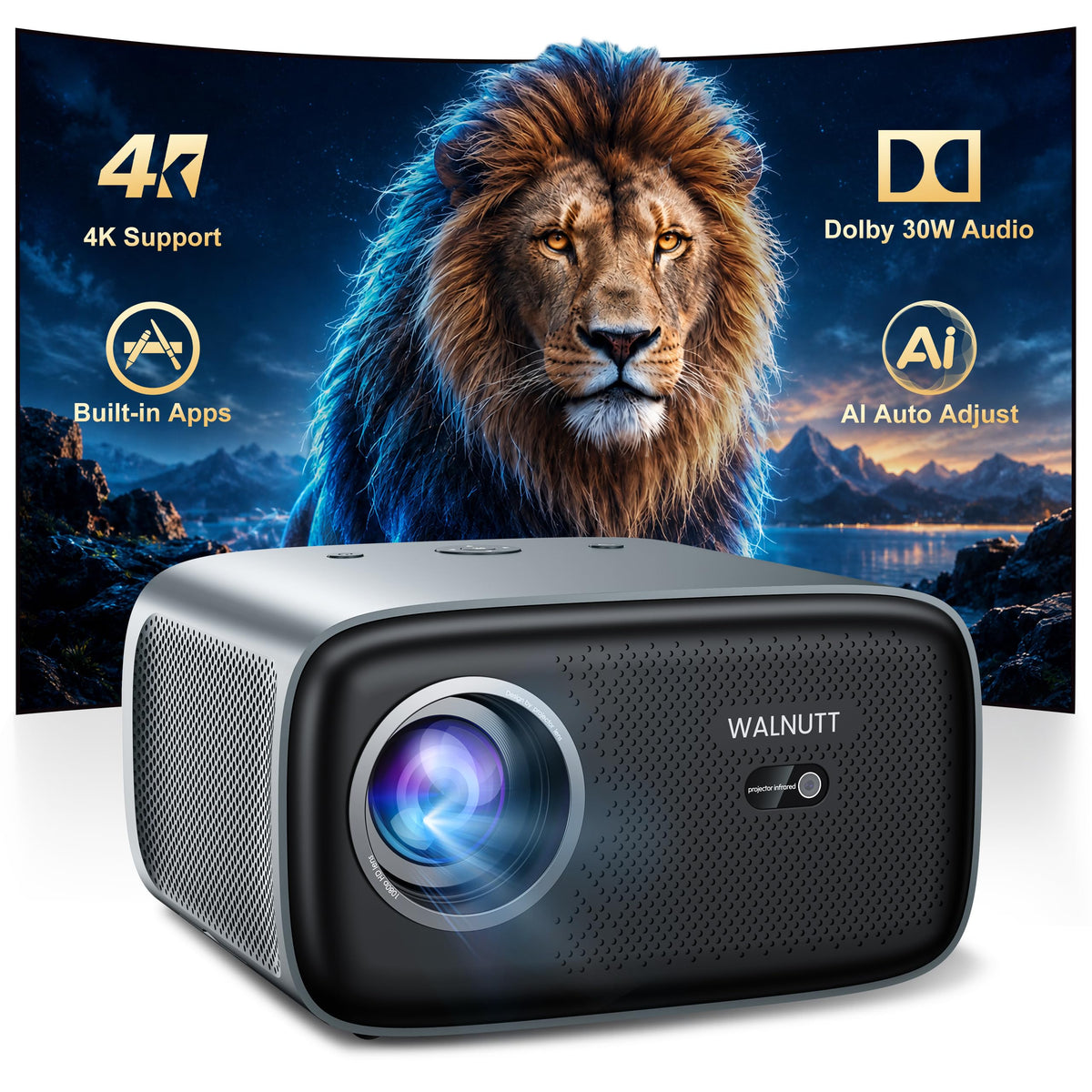 Walnutt 2000 ANSI Outdoor Movie Projector, Official Apps, 4K Home Theater