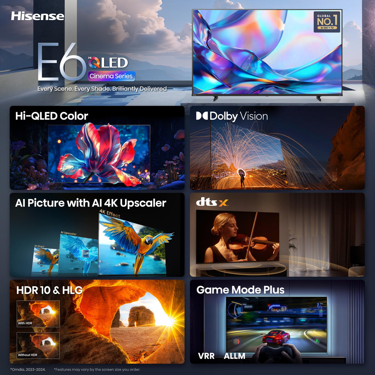 Hisense 50" Class E6SR Series Hi-QLED 4K UHD Smart Roku TV (50E6SR, 2026 Model) - Dolby Vision, Game Mode Plus, VRR, ALLM, DTS Virtual:X, Apple AirPlay, Compatible with Alexa and Google Assistant