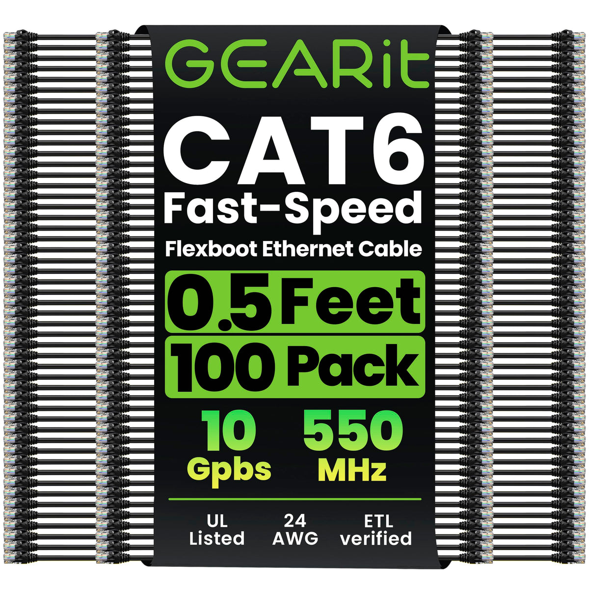 GEARit Cat6 Ethernet Patch Cable 3ft Black 100-Pack Cat 6 Patch Cords