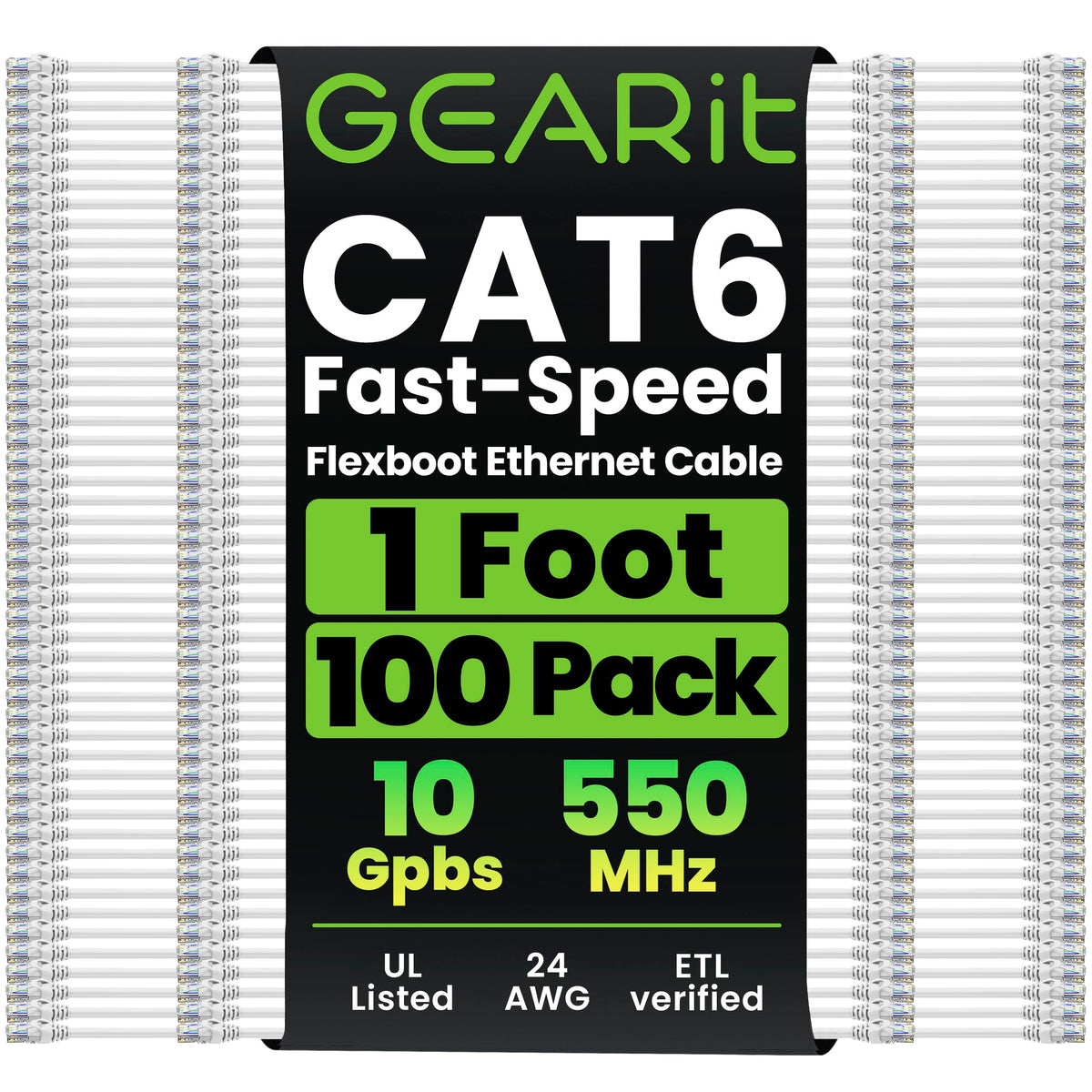 GEARit Cat6 Ethernet Patch Cable 3ft Black 100-Pack Cat 6 Patch Cords